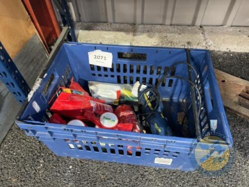 Box lot fire extinguishers and garden tools