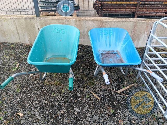 90 litre blue wheelbarrow and 120litre green wheel barrow