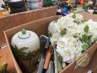 Box lot of letters & 2x ornamental vases & flower pot