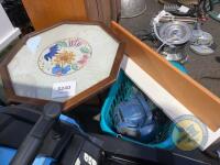 Basket of items, shelf, coffee table