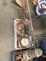 4x boxes of selection of old tools, scales & lamp