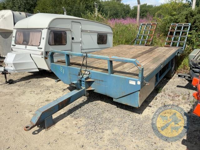 Blue Low Loader c/w brakes & lights, sprung drawbar