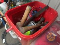 Red bucket of tools etc