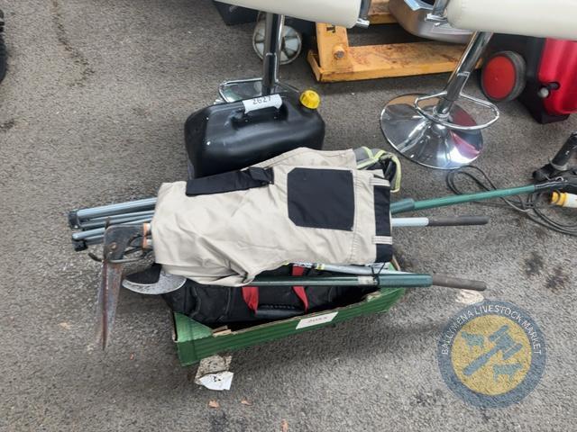 Box lot of trousers, tools etc