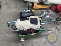 Box lot of trousers, tools etc