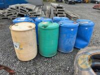 5x blue barrels, 1x green, 1x cream - 2