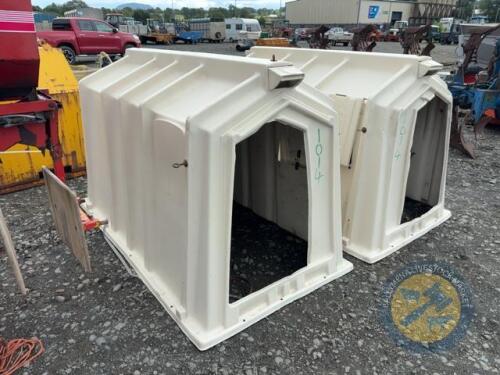 2 calf tel hutches & bucket ring feeders