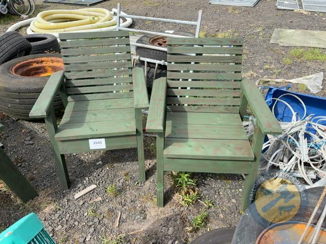 2x Green wooden garden seats