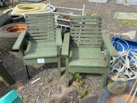 2x Green wooden garden seats