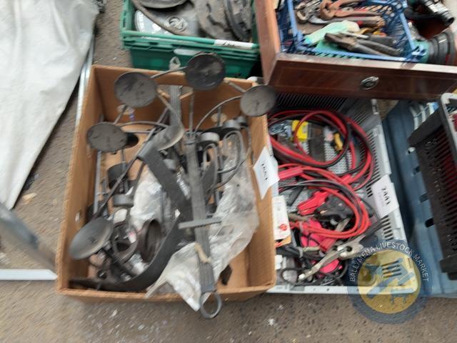 box of wrought iron items - candle holders
