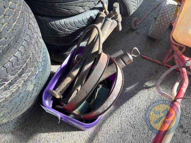 Tub of Baler Parts & 3x Tyre Pumps