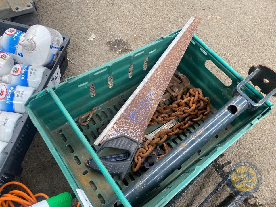 Box Lot of Saw, Stillson & Chain