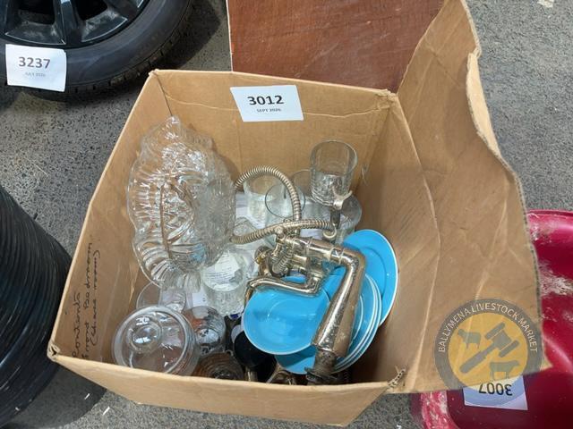 box of glass dishes & bath tap