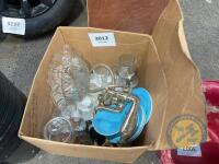 box of glass dishes & bath tap